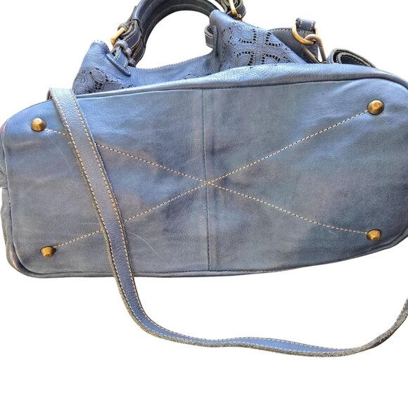 Sundance Medeira Blue Laser Cut Leather Shoulder Bag Satchel Double Top Handle - Picture 6 of 8